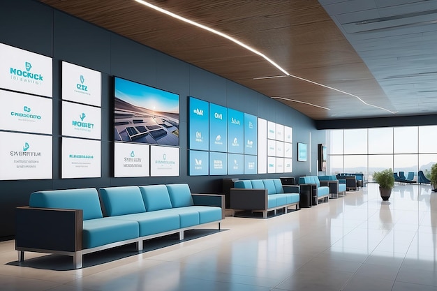 Vetrina di branding della lounge dell'aeroporto Incorporare il logo negli schermi digitali, la segnaletica e le aree di seduta