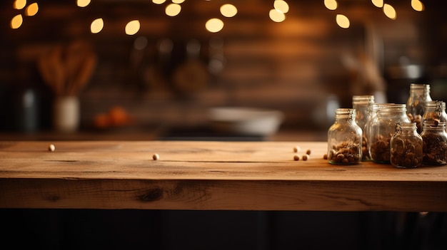 Vetrina di prodotti di eleganza rustica su tavolo in legno con luci Bokeh Generative ai