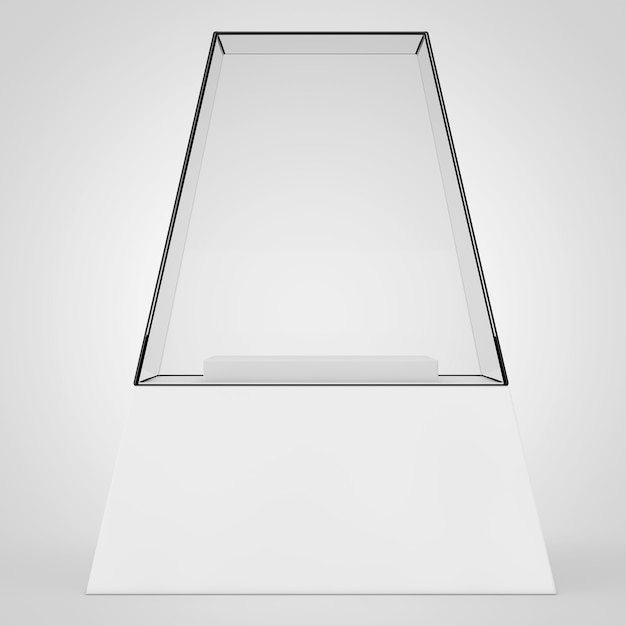 Vetrina di vetro promozionale vuota con piedistallo su sfondo bianco. Rendering 3D