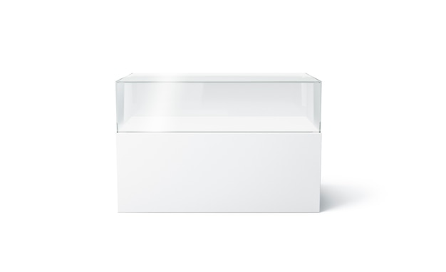 Vetrina expo in vetro bianco vuoto, isolata, rendering 3d.