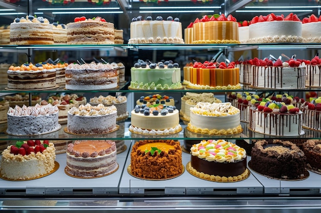 Vetrina in vetro della pasticceria con varietà di torte e pasticcini freschi