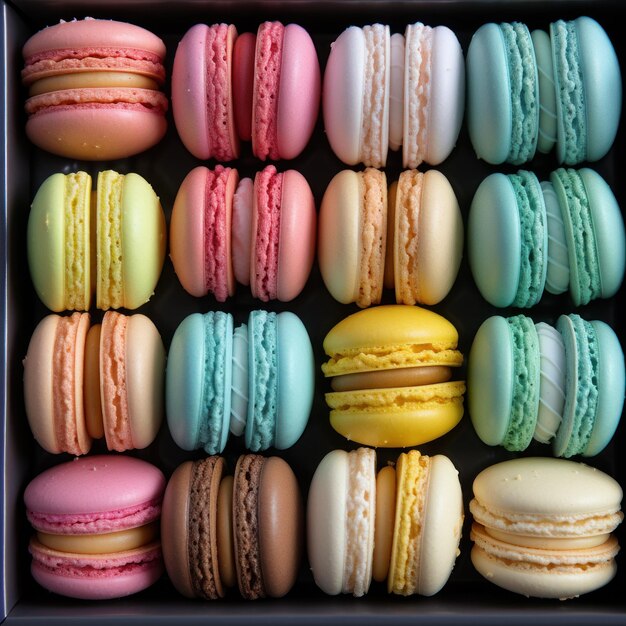 vetrina piena di macaroni colorati disposti in righe e tonalità di pastello rosa blu verde