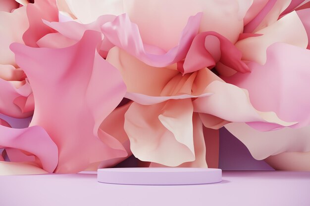Vetrina podio pastello con onde astratte di tessuto di seta Piattaforma di lusso con petali di fiori