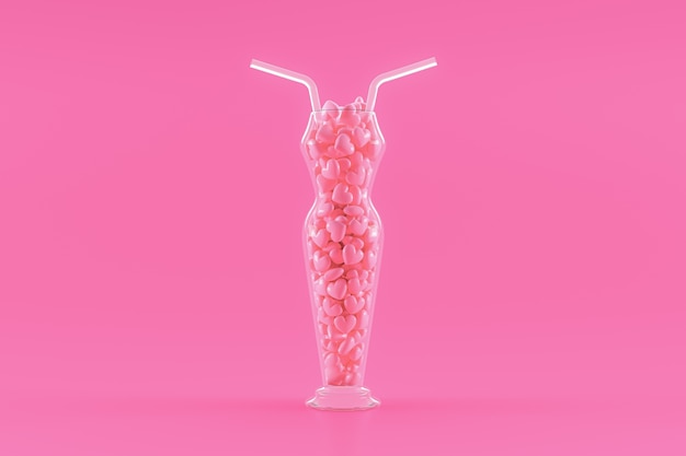 Vetro a forma di donna, pieno di cuori rosa. Rendering 3D.