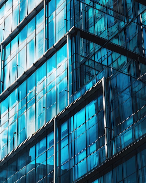 Vetro blu e acciaio struttura moderna di edifici per uffici sfondo con riflessi della città