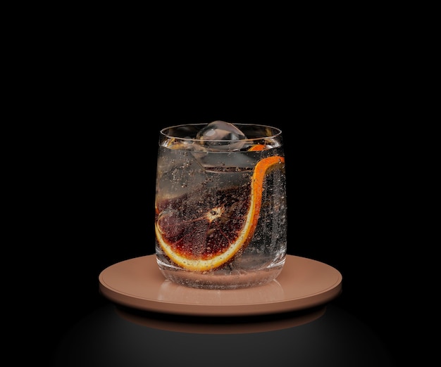 Vetro con bevanda fetta di agrumi di ghiaccio su sfondo nero concetto di cocktail 3d rendering