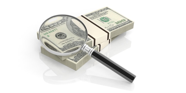 Vetro della lente d'ingrandimento della rappresentazione 3d sulla pila delle note del dollaro
