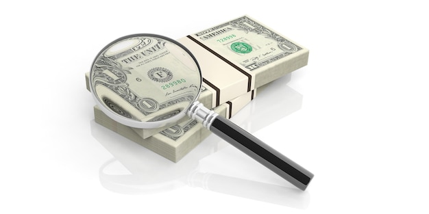Vetro della lente d'ingrandimento della rappresentazione 3d sulla pila delle note del dollaro