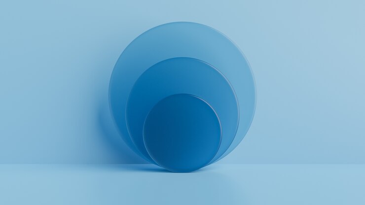 Vetro di forme geometriche, podio sul pavimento. Rendering 3D