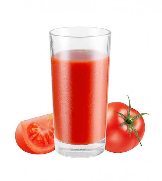 Vetro di succo rosso sano fresco con i pomodori isolati, con il percorso di ritaglio