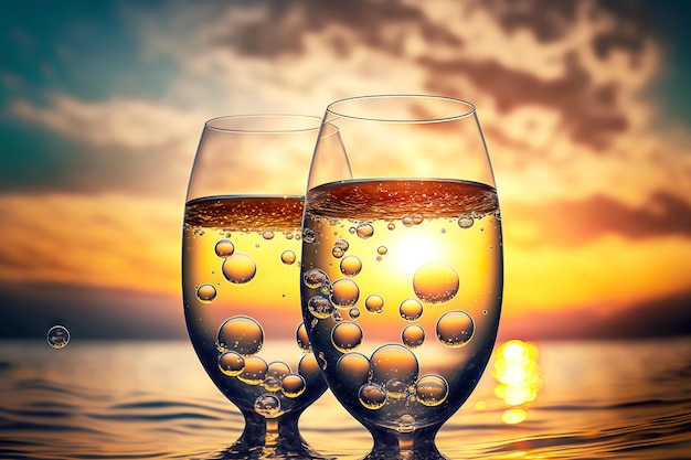 Vetro trasparente con bollicine di champagne sullo sfondo di un romantico tramonto