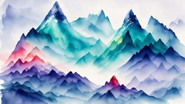 Vette di montagna visibili attraverso tende nebbiose Atmosfera misteriosa e mistero della grandezza delle montagne Illustrazione ad acquerello generata da AI