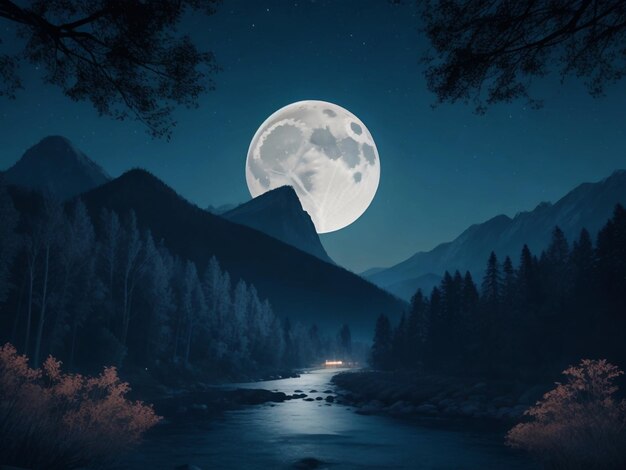 Vettore bella notte con montagna lunare e alberi sul fiume