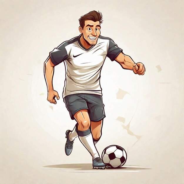 Vettore Cartoon maschio faccia liscia giocatore di calcio che calcia la palla su sfondo bianco faccia liscia