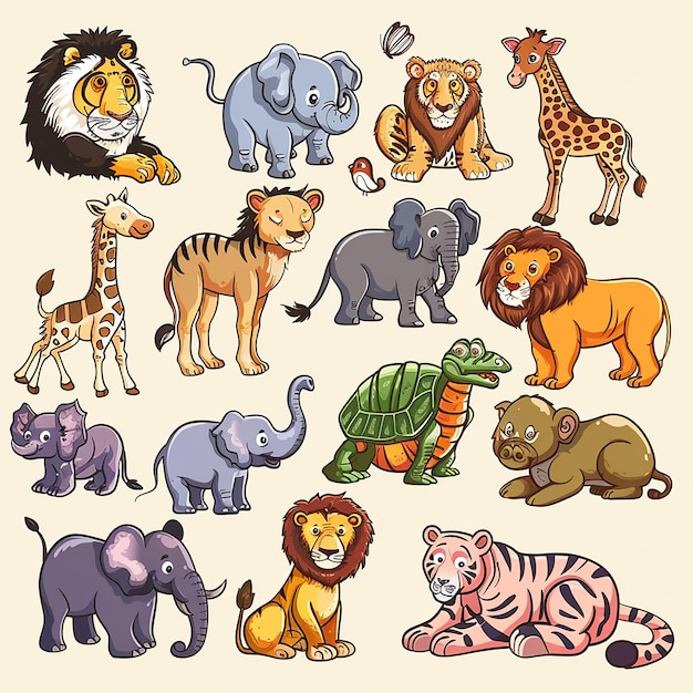 vettore di diversi animali selvatici stile cartone animato
