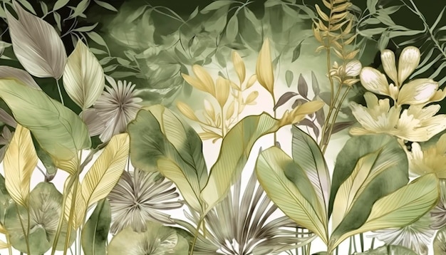 Vettore di sfondo acquerello fogliame tropicale disegno botanico estivo con linea d'oro arte foglie di palma acquerello verde consistenza illustrazione tropicale di lusso per banner generare ai