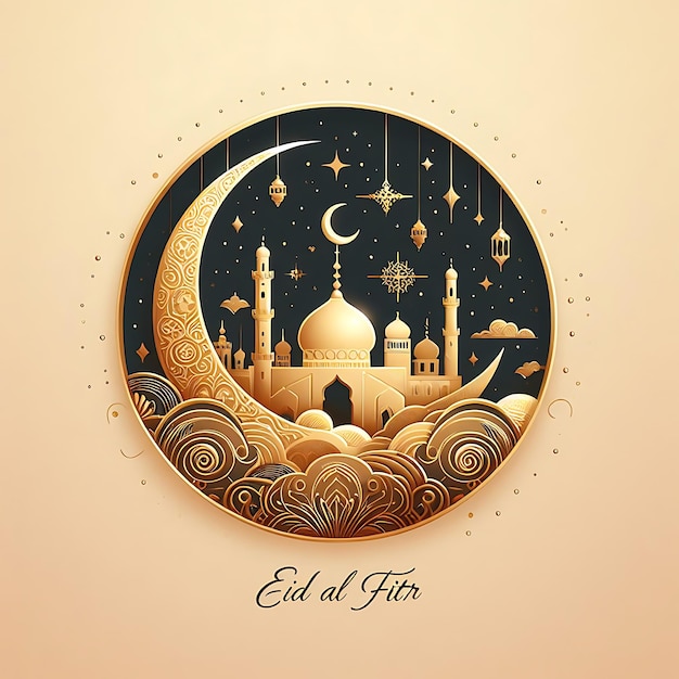 vettore eid al fitr una foto di una moschea e una luna con uno sfondo dorato