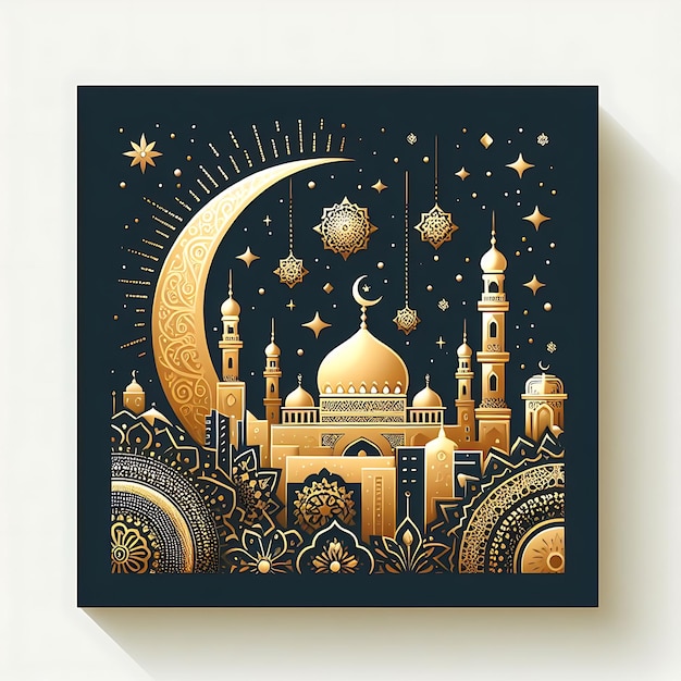 vettore eid al fitr una foto nera e dorata di una moschea con una luna e stelle