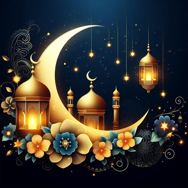 Vettore elegante Ramadan Kareem decorativo luna e lanterne saluto