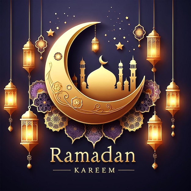 Vettore elegante Ramadan Kareem decorativo luna e lanterne saluto