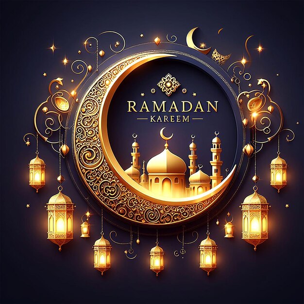 Vettore elegante Ramadan Kareem decorativo luna e lanterne saluto