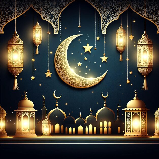 Vettore elegante Ramadan Kareem decorativo luna e lanterne saluto