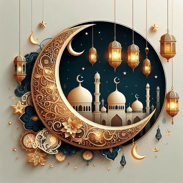 Vettore elegante Ramadan Kareem decorativo luna e lanterne saluto