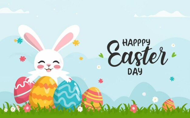 Vettore gratuito buon giorno di Pasqua con disegno disegnato a mano e carino coniglietto di Pasqua colore fiammeggiante su emp bianco