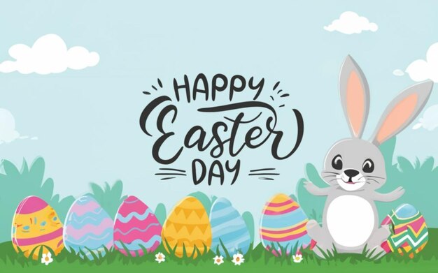 Vettore gratuito buon giorno di Pasqua con disegno disegnato a mano e carino coniglietto di Pasqua colore fiammeggiante su emp bianco