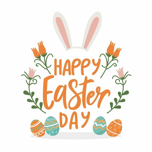 Vettore gratuito buon giorno di Pasqua con disegno disegnato a mano e carino coniglietto di Pasqua colore fiammeggiante su emp bianco