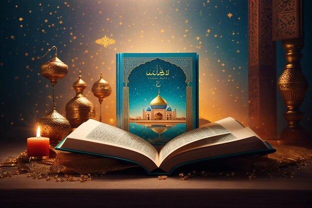 Vettore gratuito Eid Mubarak il libro sacro del Corano sul supporto disegnato a mano illustrazione vettoriale