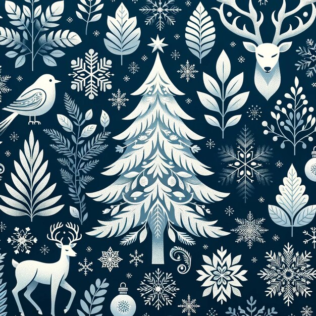 Vettore modello di Natale senza cuciture albero foglie di cervo decorazioni fiocchi di neve