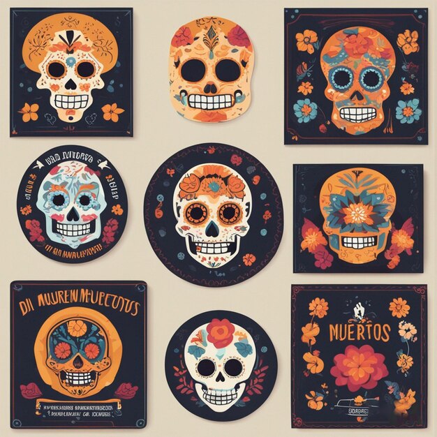 Vettore piatto dia de muertos badge collezione ai generato