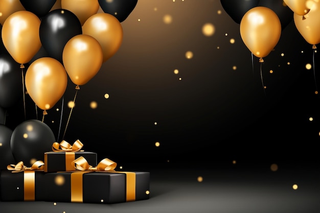 Vettore realistico felice compleanno sullo sfondo nero e dorato con spazio di copia