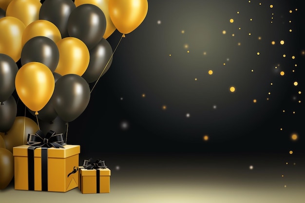 Vettore realistico felice compleanno sullo sfondo nero e dorato con spazio di copia