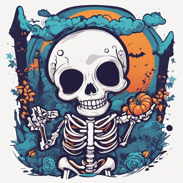 vettore tshirt design illustrazione scheletro kawaii che celebra halloween alto dettaglio