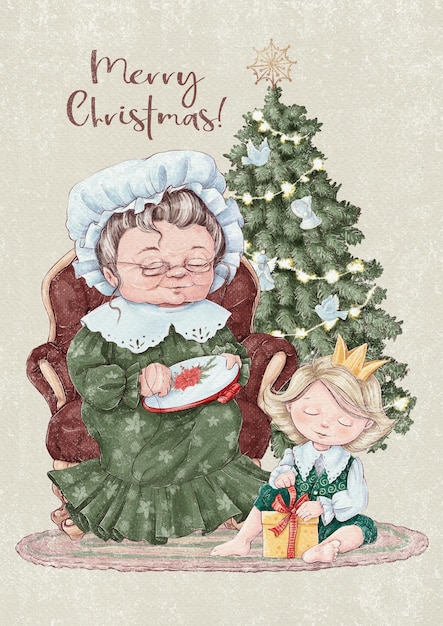 Vettoriali Cartolina di Natale nonna con il nipote presso l'albero di Natale decorato