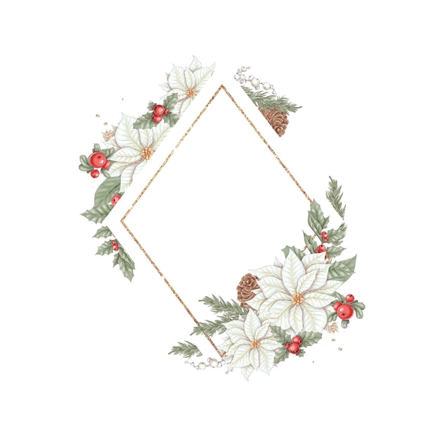 Vettoriali Natale set cornice dorata di fiori d'inverno poinsettia cotone e arancio