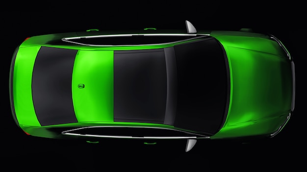 Vettura sportiva super veloce colore verde metallizzato su sfondo nero. Berlina a forma di corpo. La messa a punto è una versione di una normale auto di famiglia. rendering 3D.