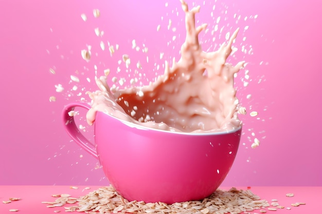 Vi vengono versate una tazza rosa di farina d'avena e una ciotola rosa di farina d'avena.