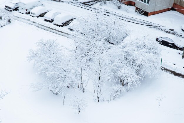 Via aerea di vista con le automobili coperte di neve