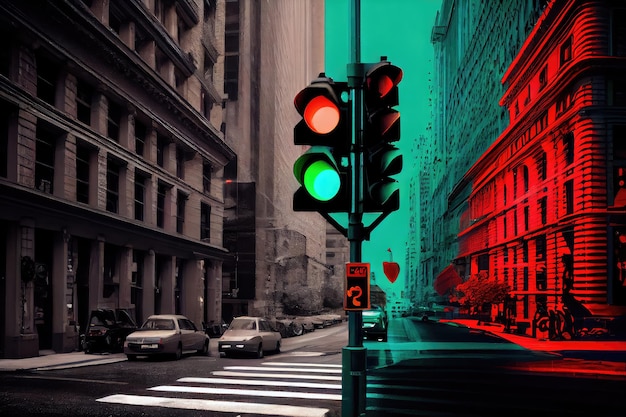 Via della città con vista del semaforo che cambia dal rosso al verde