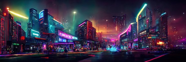 Via della città cyberpunk, vista notturna, città futuristica, luci al neon. Scena di strada notturna, futuro retrò.