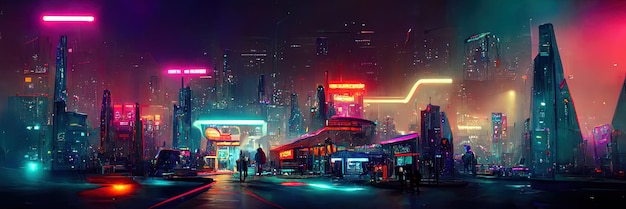 Via della città cyberpunk, vista notturna, città futuristica, luci al neon. Scena di strada notturna, futuro retrò.