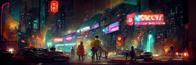 Via della città cyberpunk, vista notturna, città futuristica, luci al neon. Scena di strada notturna, futuro retrò.