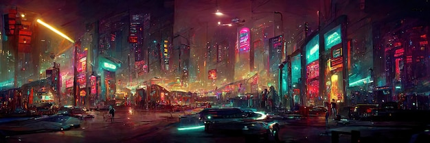 Via della città cyberpunk, vista notturna, città futuristica, luci al neon. Scena di strada notturna, futuro retrò.