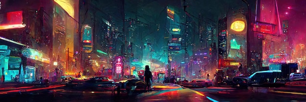 Via della città cyberpunk, vista notturna, città futuristica, luci al neon. Scena di strada notturna, futuro retrò.