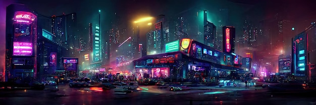 Via della città cyberpunk, vista notturna, città futuristica, luci al neon. Scena di strada notturna, futuro retrò.