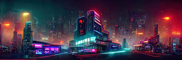 Via della città cyberpunk, vista notturna, città futuristica, luci al neon. Scena di strada notturna, futuro retrò.