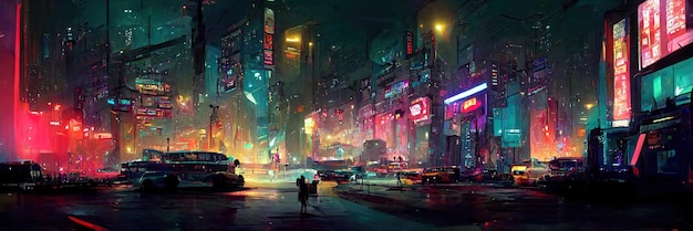 Via della città cyberpunk, vista notturna, città futuristica, luci al neon. Scena di strada notturna, futuro retrò.